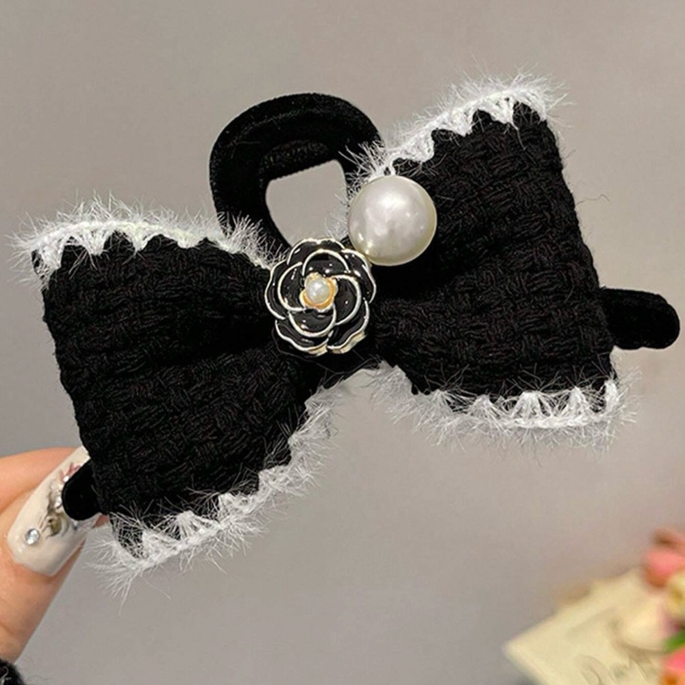 Black Camellia Hair Clip Bow W/ Pearl Detail